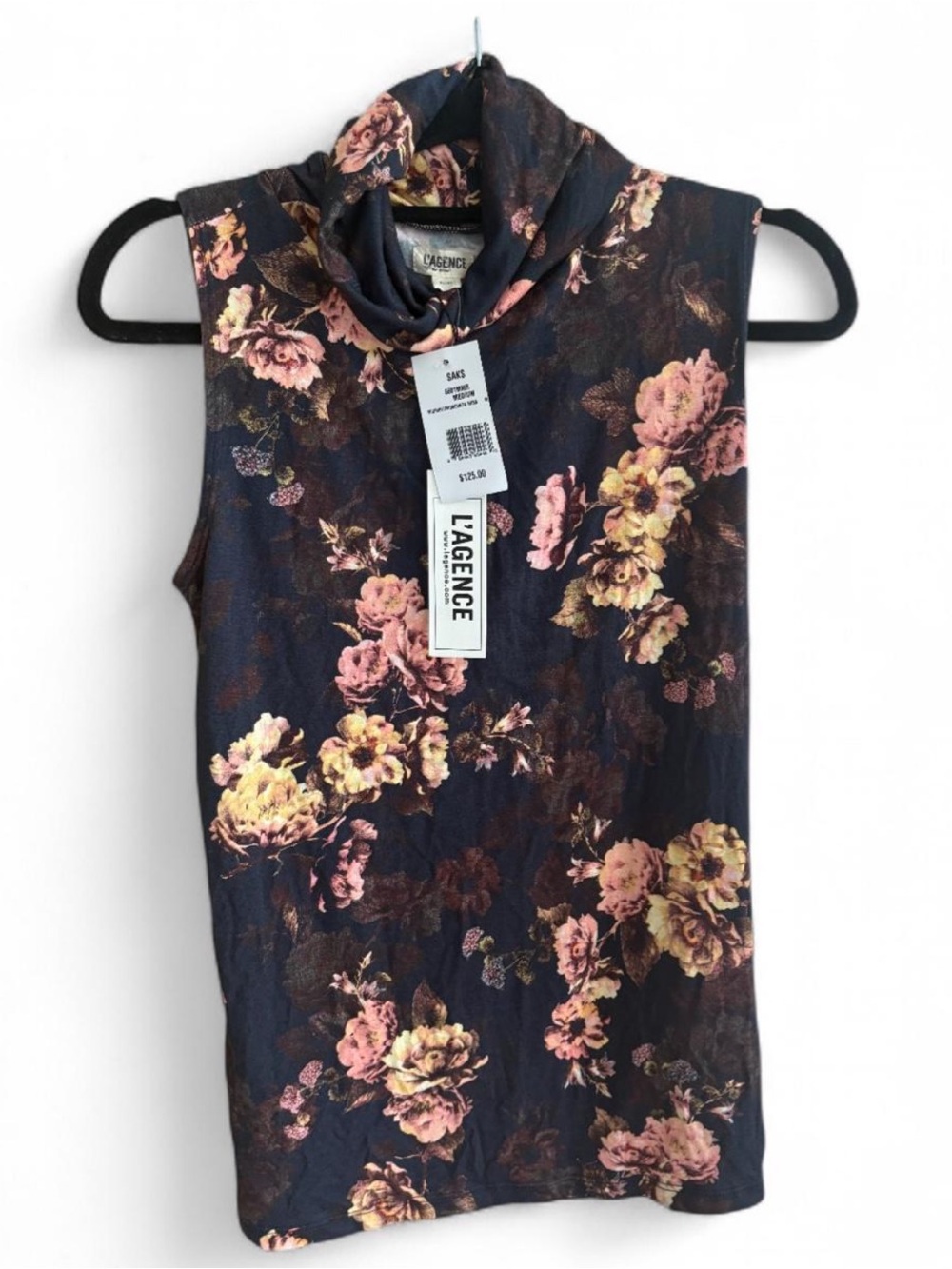 L'AGENCE Navy Floral Mock Neck Camisole with Pink & Cream Blooms